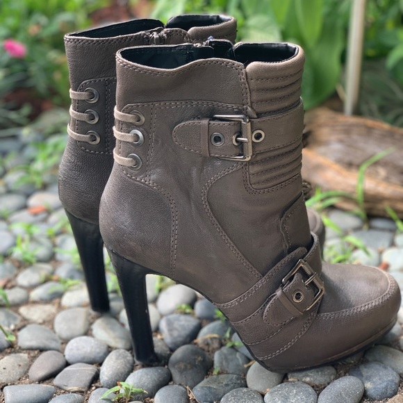 Nine West Shoes - Gray leather moto high heeled booties corset back